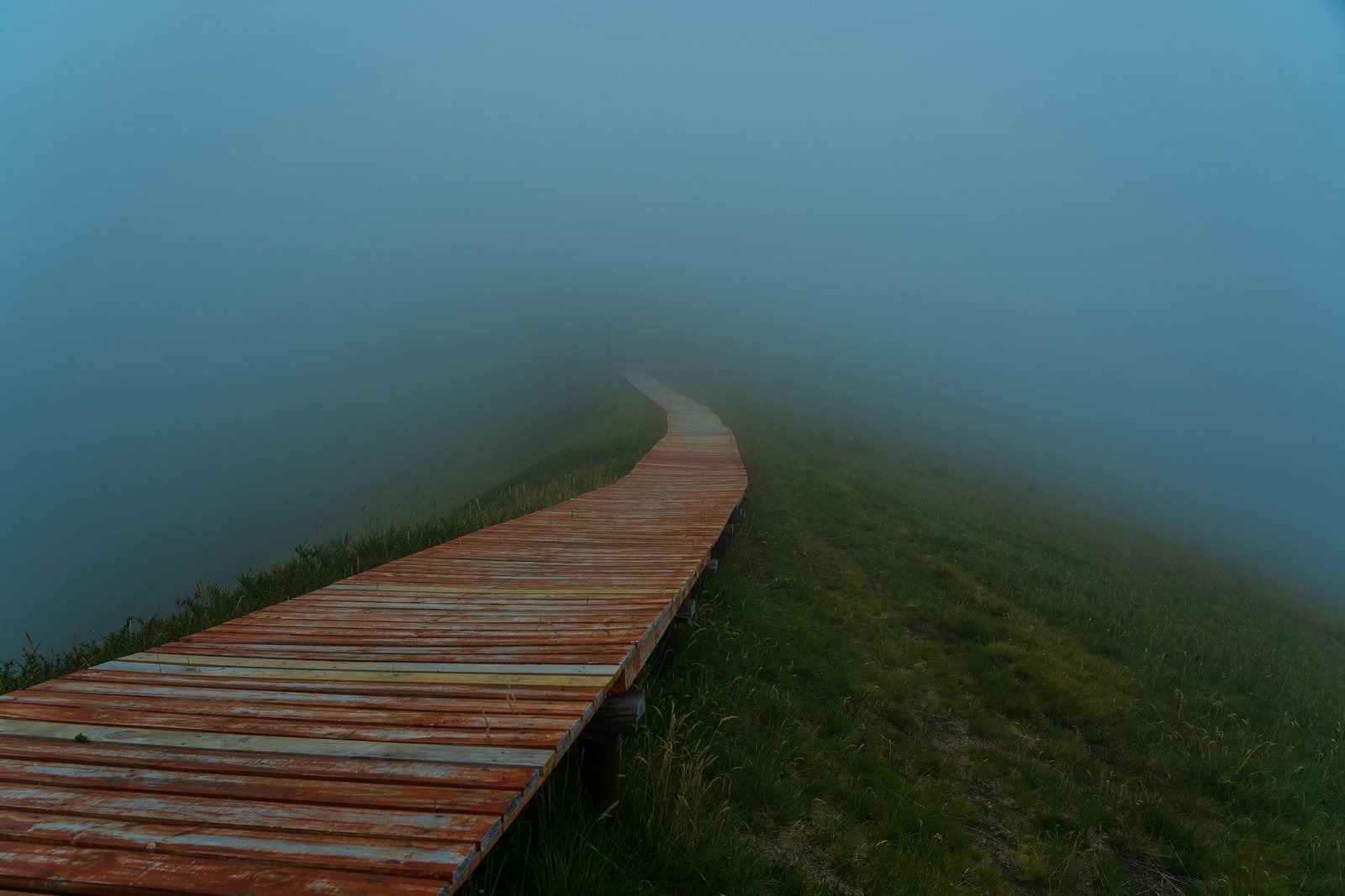 A wooden path disappears into thick fog in a grassy landscape, creating an eerie atmosphere.